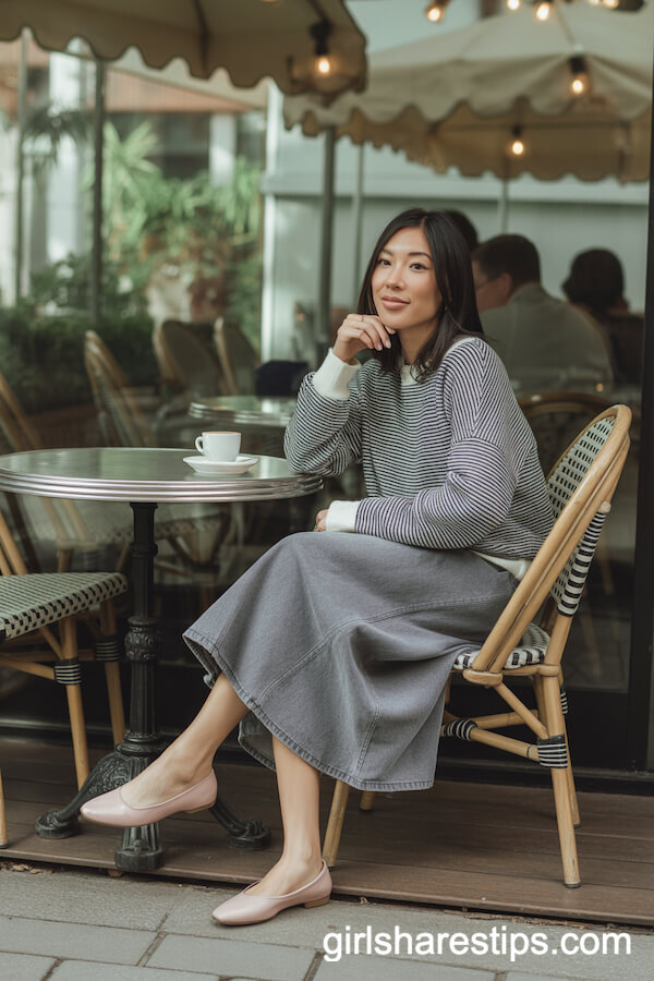 Gray Jean Skirt with Oversized Striped Sweater and Ballet Flats