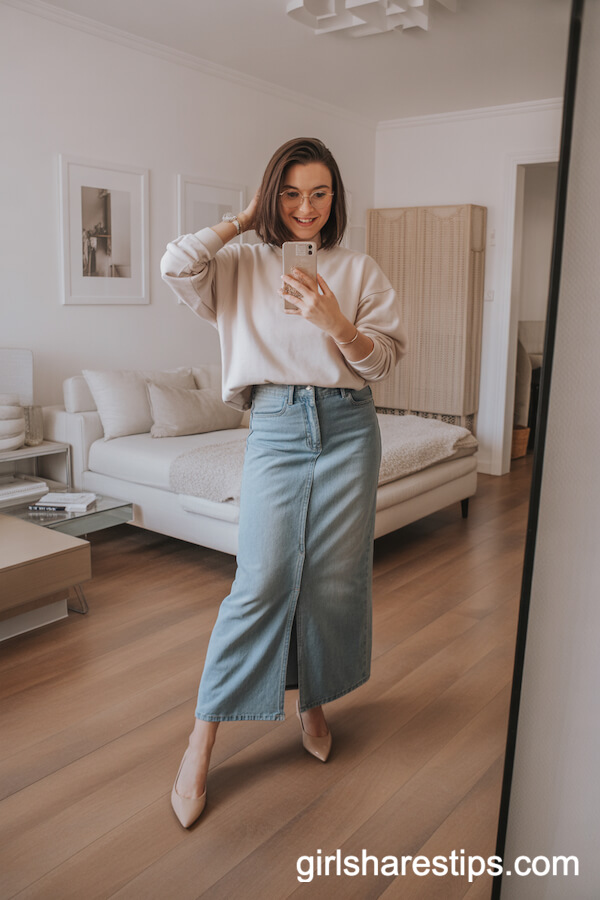 Faded Maxi Jean Skirt Styled with Sweatshirt and Kitten Heels