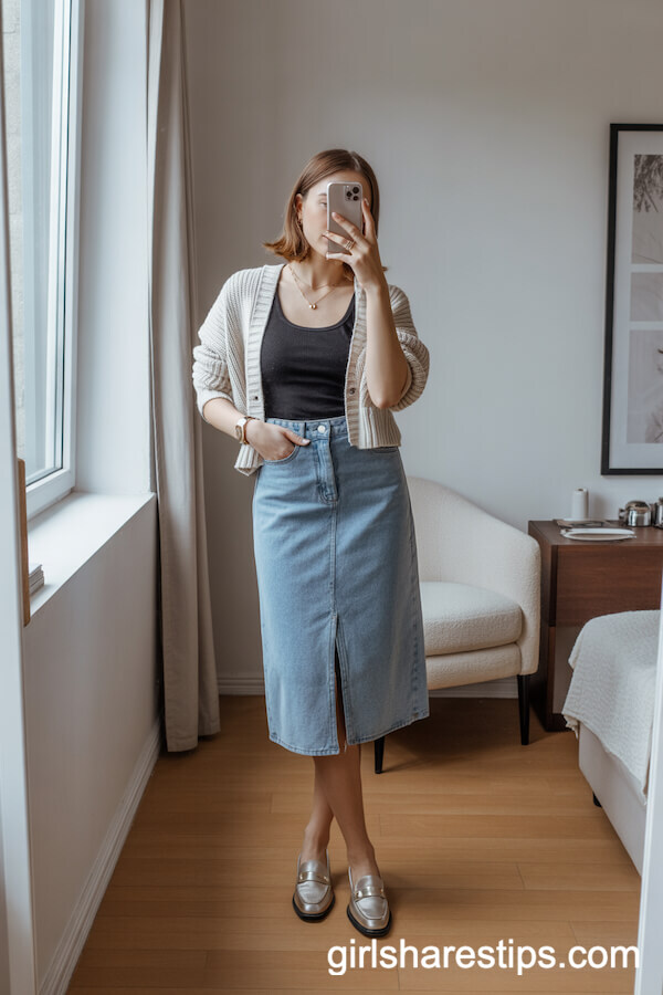 Mid-Wash Midi Jean Skirt with Black Tank and Cropped Cardigan