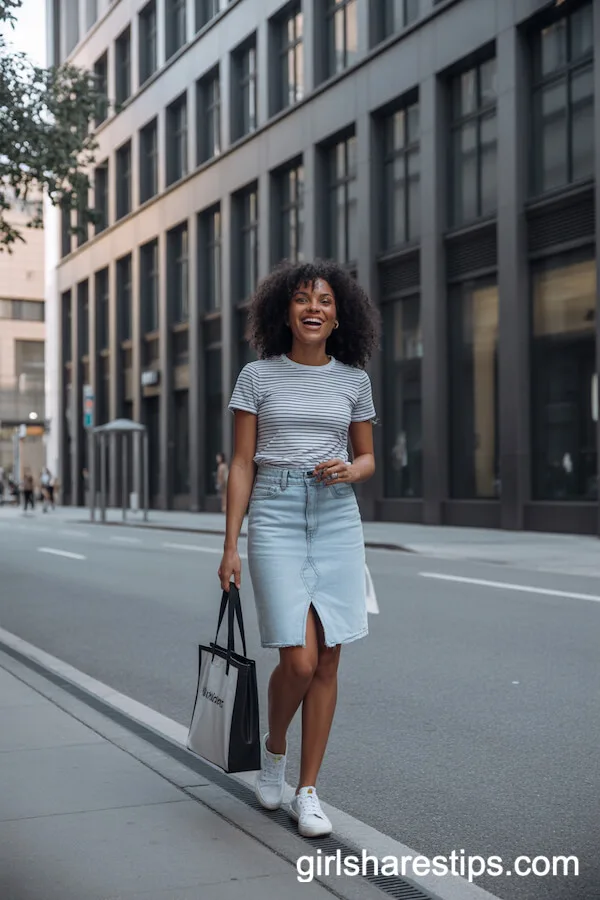 Light Wash Denim Skirt with Striped Tee and White Sneakers
