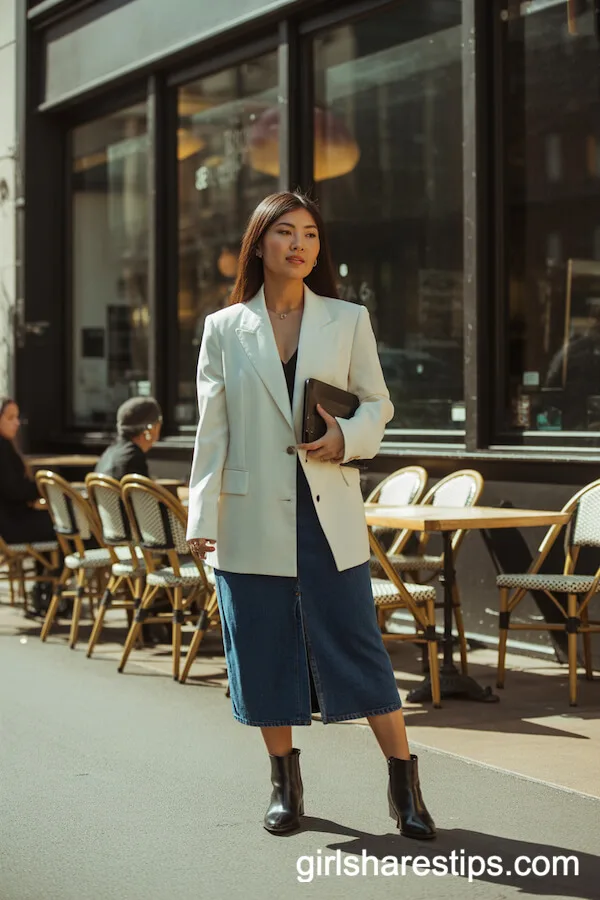 Tailored White Blazer over Dark Denim Midi Skirt and Ankle Boots