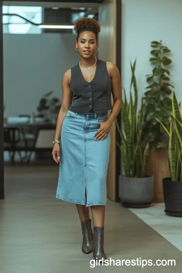 Charcoal Button-Up Vest with Knee-Length Jean Skirt and Heeled Boots