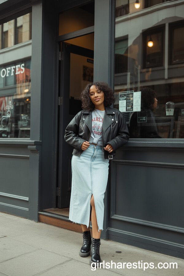 Biker Jacket and Graphic Tee with Faded Jean Midi Skirt