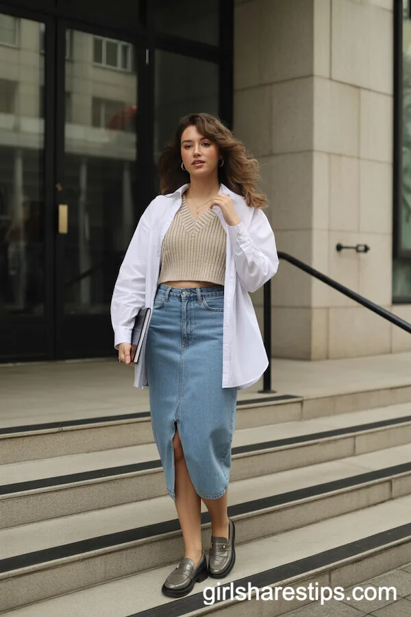 Oversized Button-Down and Cropped Vest with Blue Jean Skirt