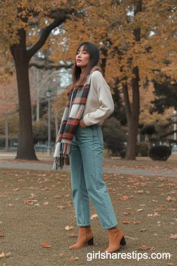 Straight-Leg Jeans with Tan Boots and a Plaid Scarf