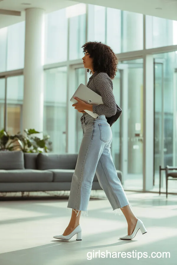 Frayed Hem Jeans with White Block Heels and a Printed Blouse