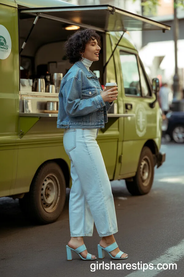 Light Baggy Jeans with Pastel Blue Heels and a Denim Jacket