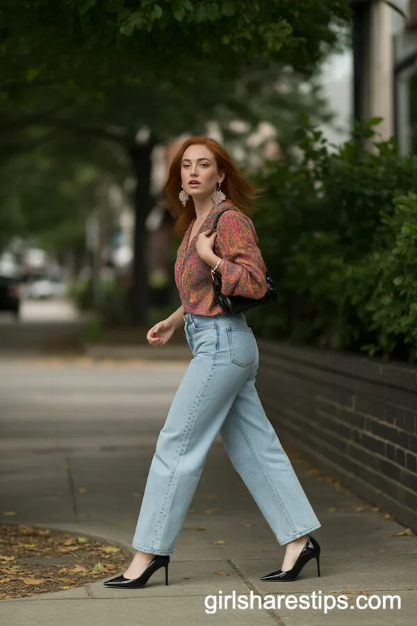 Acid Wash Jeans with Black Patent Heels and a Patterned Blouse