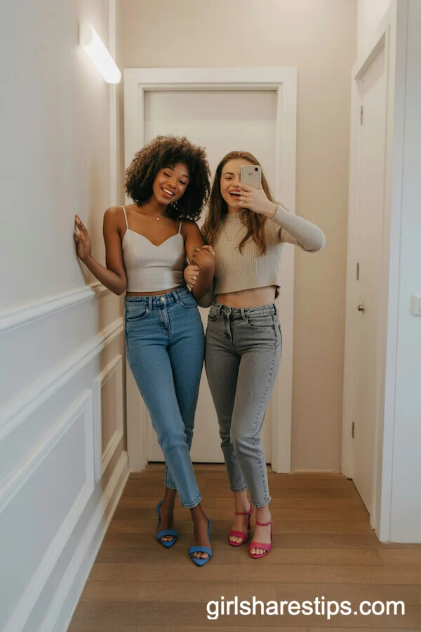 Fitted Jeans with Colorful Heels: Best Friend Mirror Selfie Looks