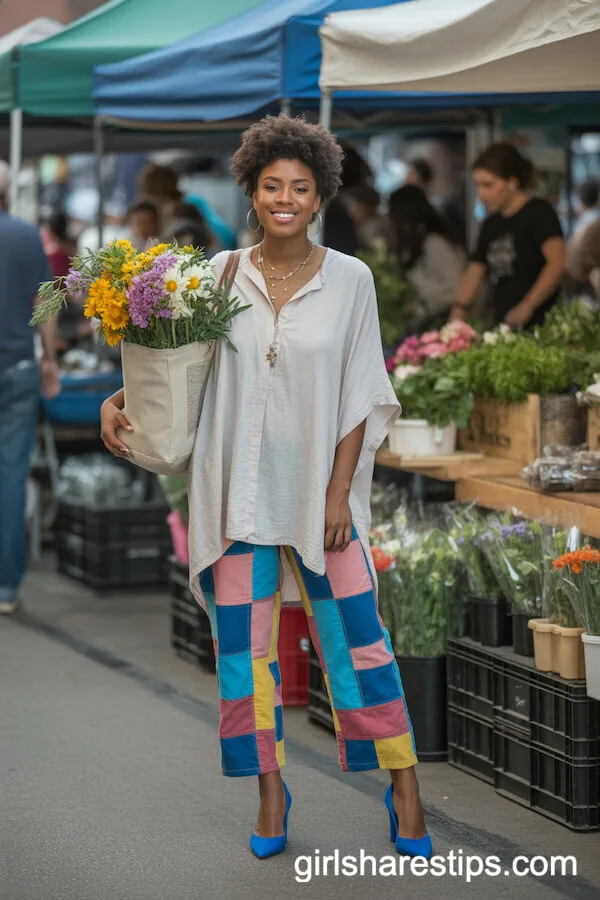 Patchwork Jeans with Bright Blue Heels and a White Tunic