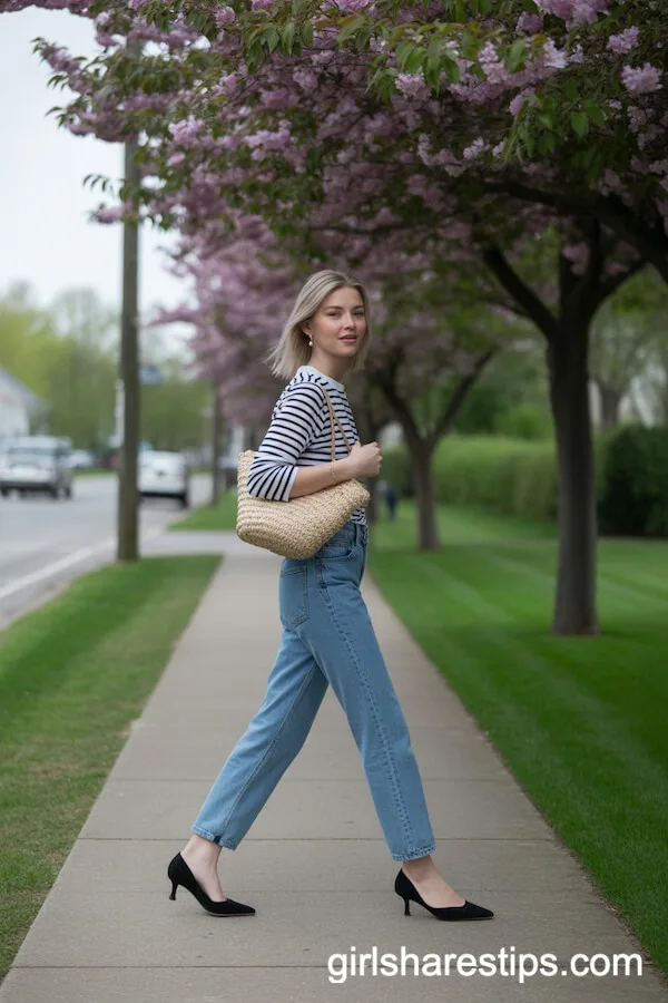 Straight Blue Jeans with Black Kitten Heels and a Striped Top