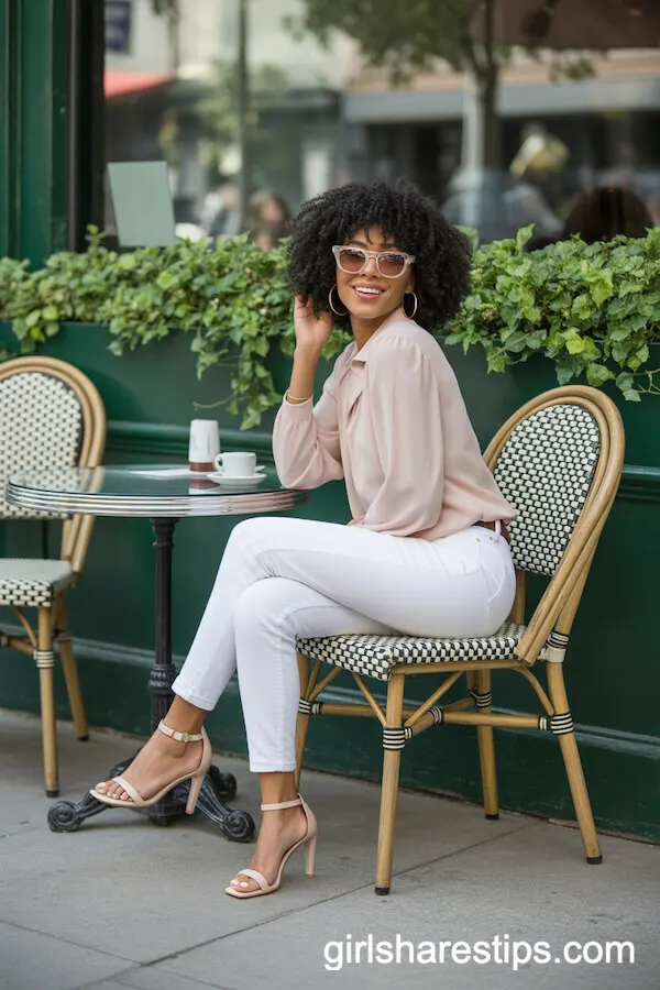 White Skinny Jeans with Nude Heels and a Pastel Blouse