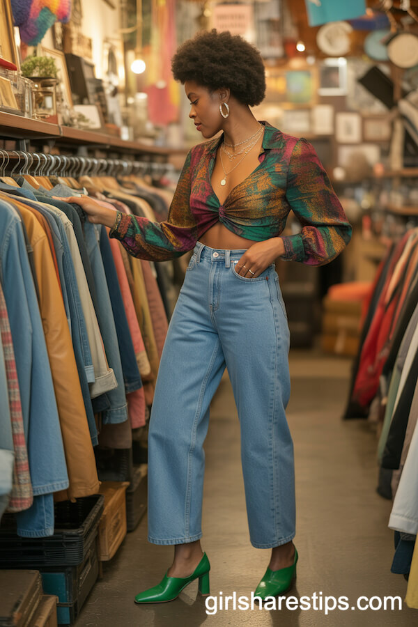 Vintage Straight Leg Jeans with Green Block Heels and a Patterned Blouse