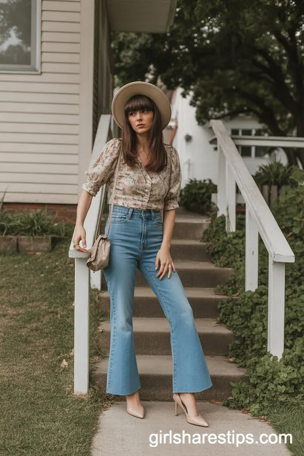 Vintage Flared Jeans with Beige Heels and a Floral Top