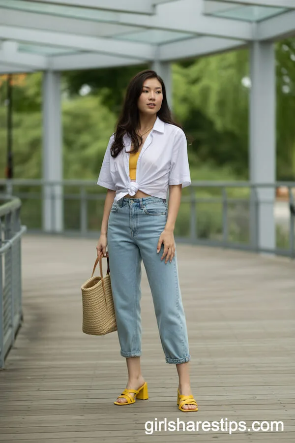 Cropped Mom Jeans with Yellow Heels and a Tied White Shirt