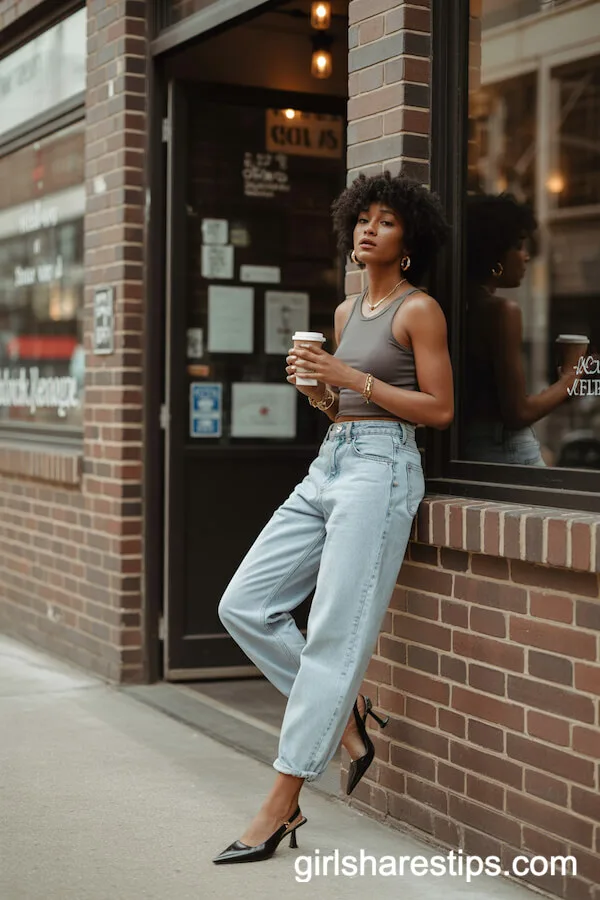 Relaxed Boyfriend Jeans with Black Slingback Heels and a Tank Top