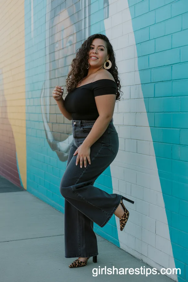Wide-Leg Dark Jeans with Leopard Print Heels and an Off-Shoulder Top