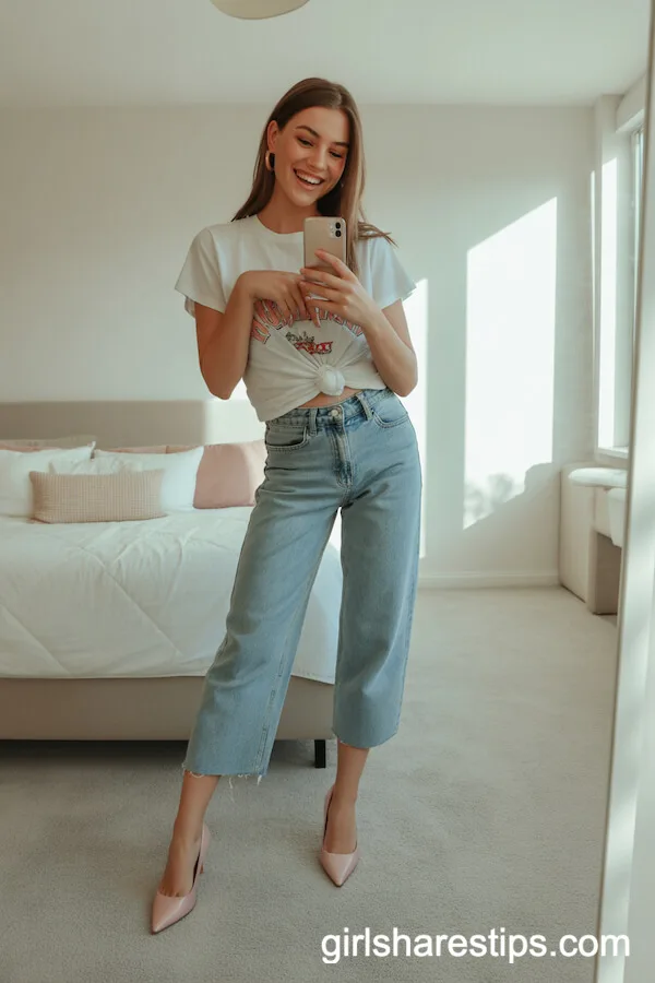 Cropped Jeans with Pink Pointed Heels and a Graphic Tee
