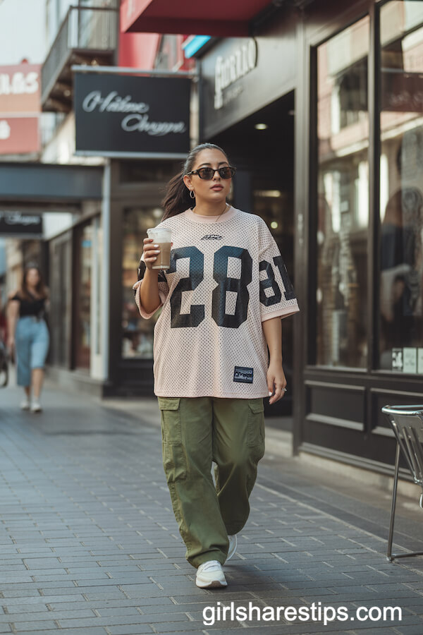 Loose Mesh Sports Jersey with Cargo Pants and White Sneakers