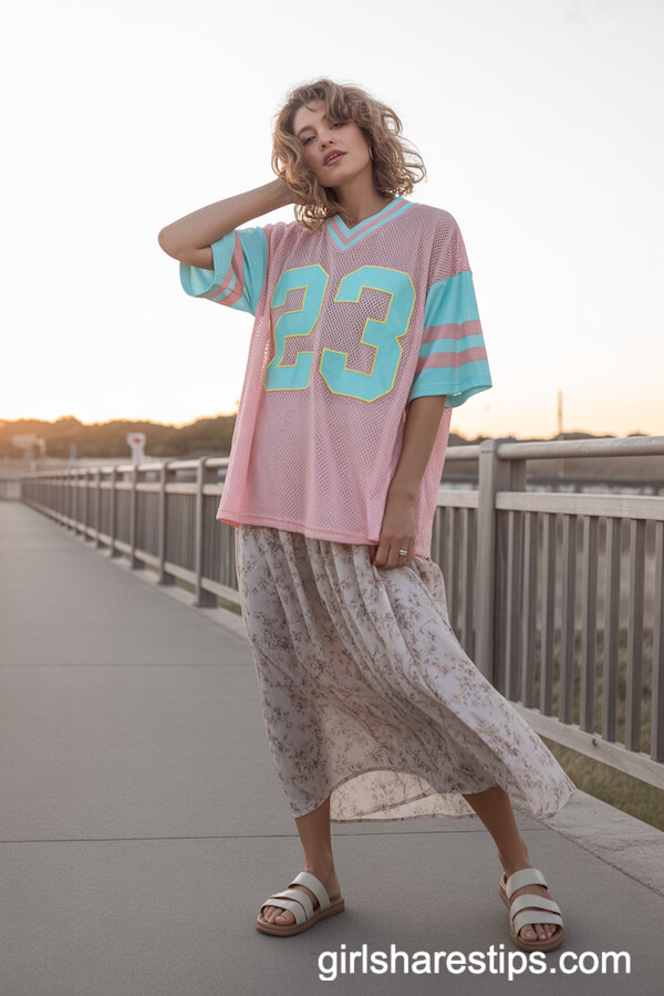 Oversized Mesh Jersey with Flowy Floral Maxi Skirt and Flat Sandals