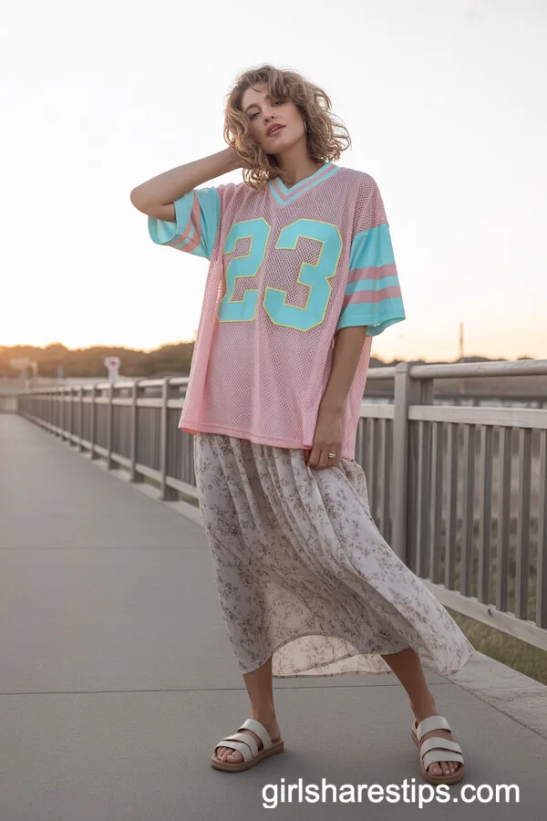 Oversized Mesh Jersey with Flowy Floral Maxi Skirt and Flat Sandals