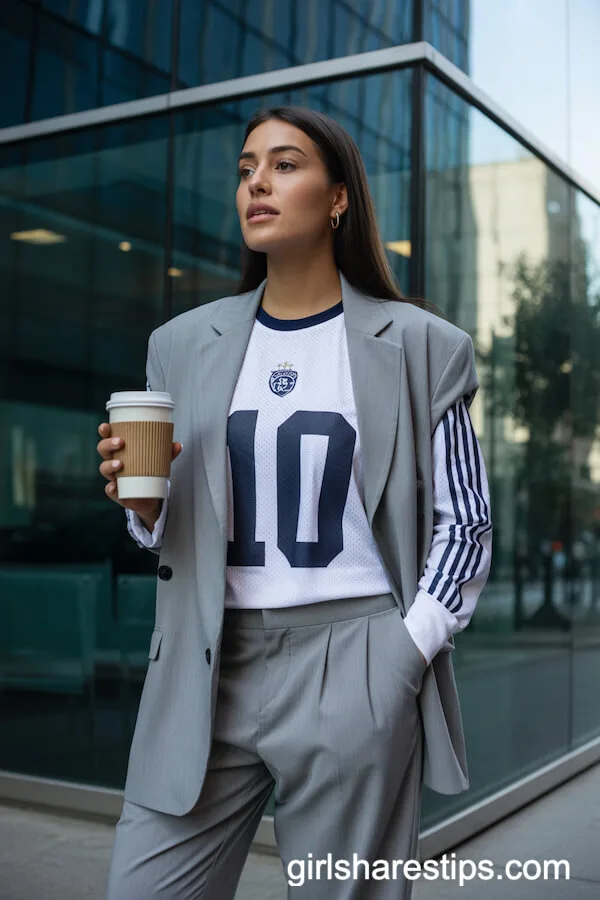 Slim-Fit Mesh Sports Jersey Layered Under a Tailored Pantsuit