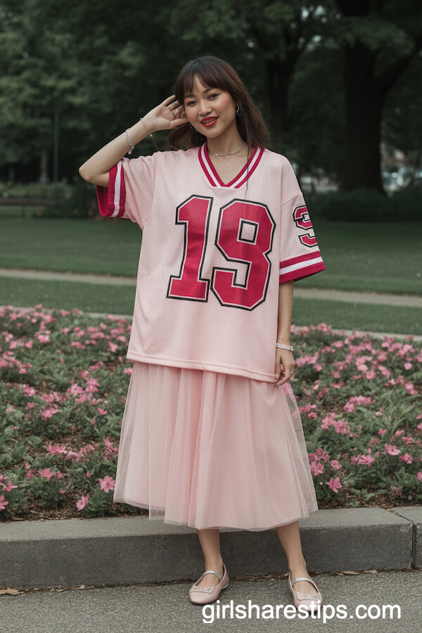 Pink Mesh Jersey with Tulle Midi Skirt and Ballet Flats