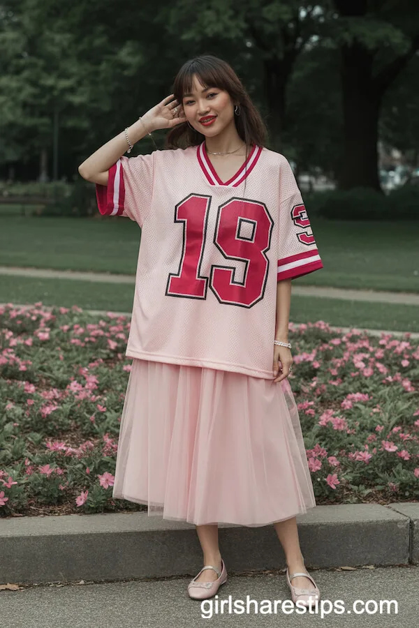 Pink Mesh Jersey with Tulle Midi Skirt and Ballet Flats