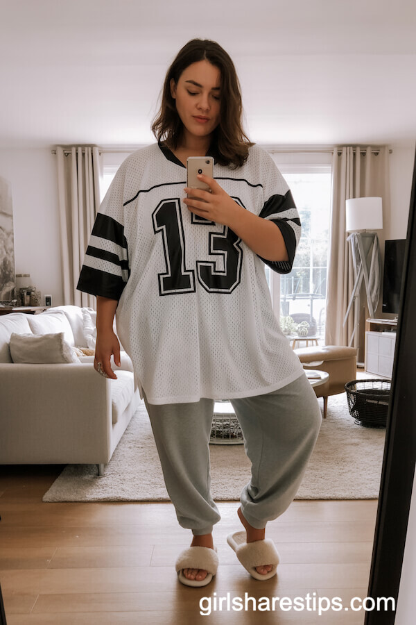Loose Mesh Jersey with Grey Joggers and Fluffy Slippers