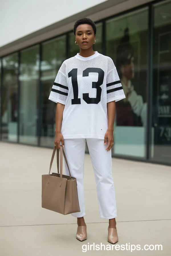 Minimalist White Mesh Jersey with White Jeans and Nude Mules