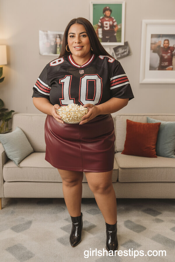 Fitted Black Mesh Sports Jersey with Faux Leather Mini Skirt and Ankle Boots