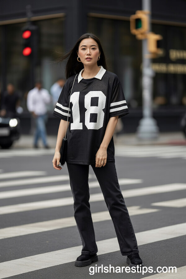 Monochrome Mesh Sports Jersey with Black Jeans and Black Boots
