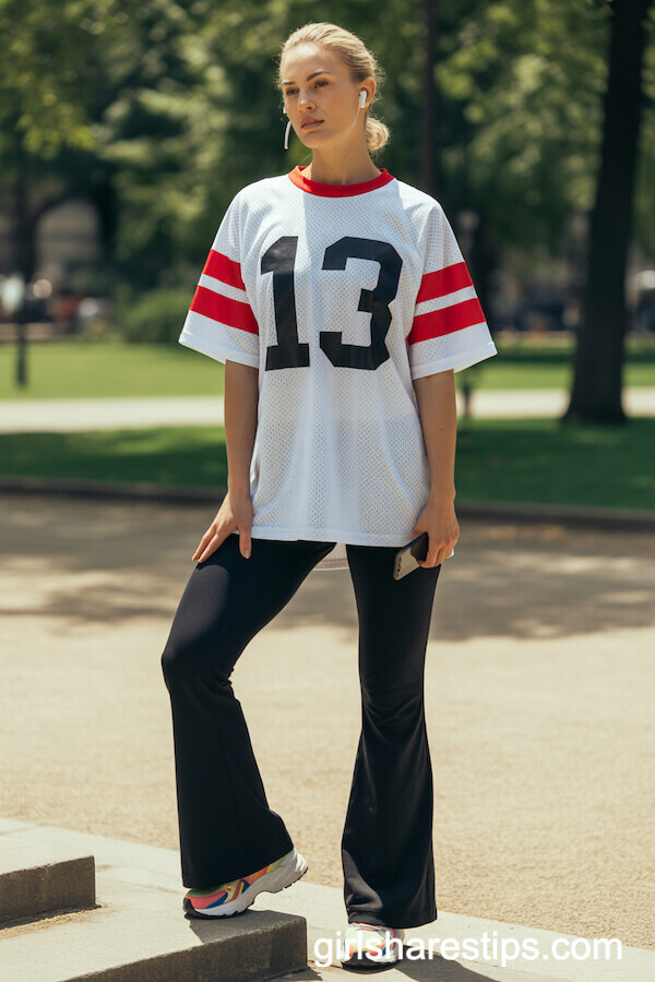 Classic Mesh Sports Jersey with Flared Yoga Pants and Chunky Sneakers