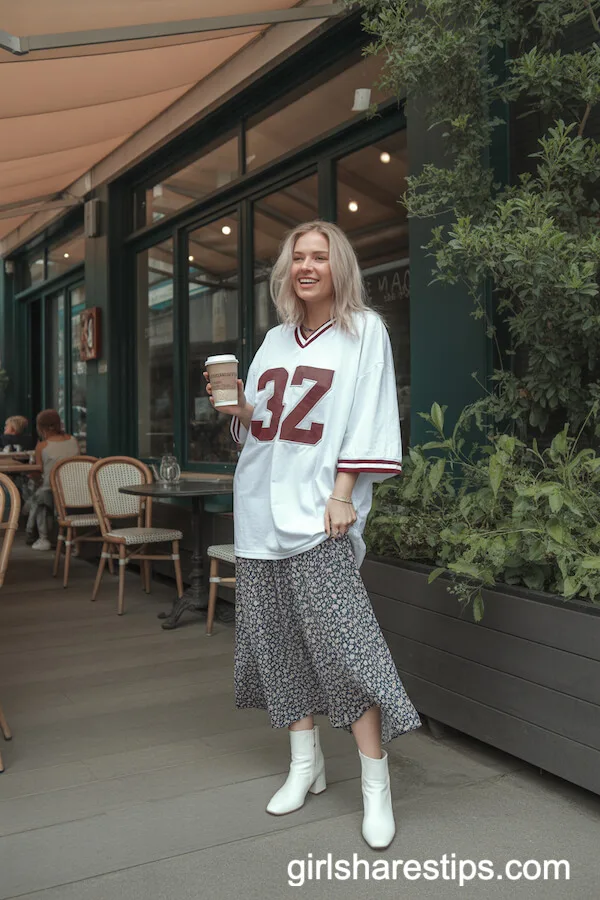 Oversized Football Jersey with Flowy Floral Midi Skirt and Ankle Boots