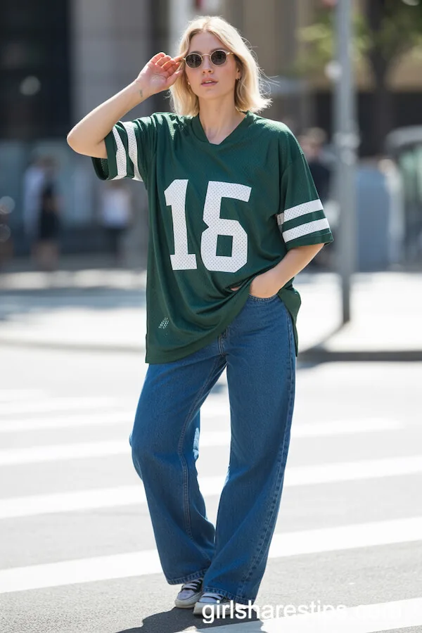Relaxed Mesh Sports Jersey with Wide-Leg Jeans and Retro Sneakers