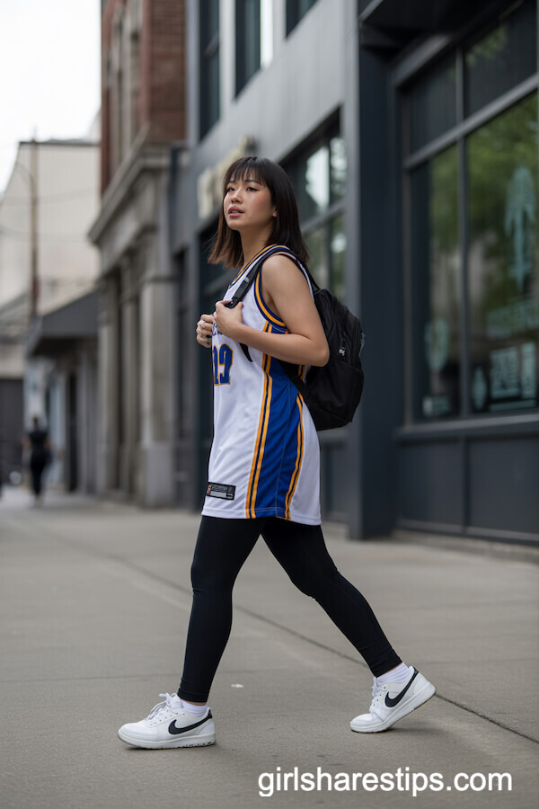 Oversized Basketball Jersey with Black Leggings and Nike Sneakers