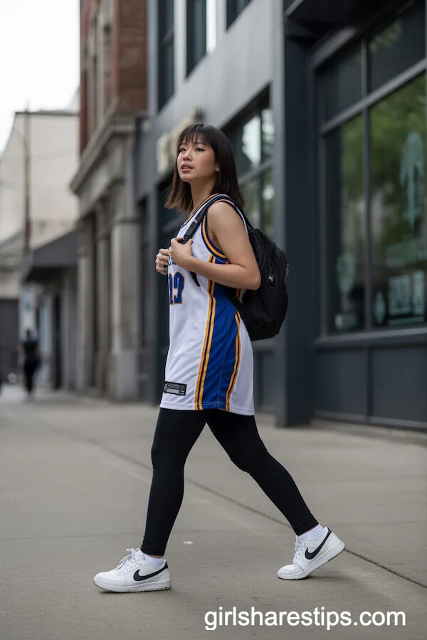 Oversized Basketball Jersey with Black Leggings and Nike Sneakers