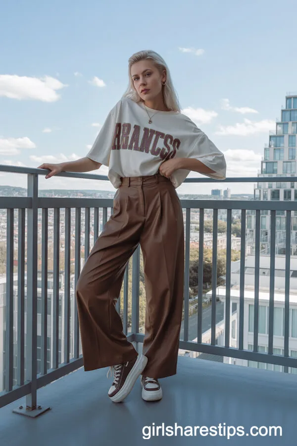 90s Oversized Jersey with High-Waisted Wide-Leg Trousers and Platform Sneakers