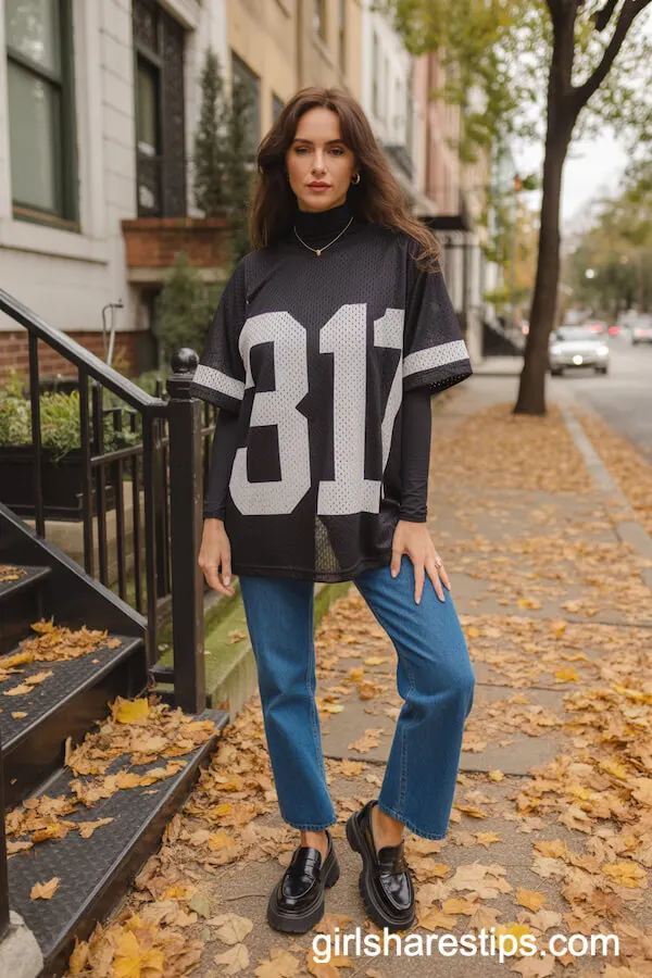 Mesh Athletic Jersey over Black Turtleneck with Blue Jeans and Chunky Loafers
