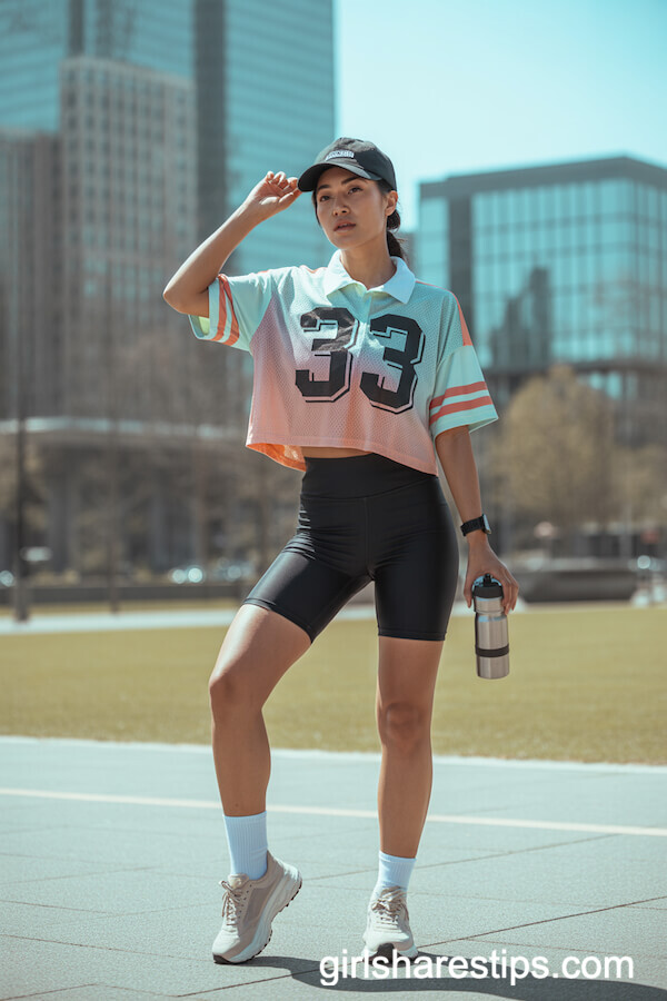 Cropped Pastel Mesh Sports Jersey with Bike Shorts and Chunky Sneakers