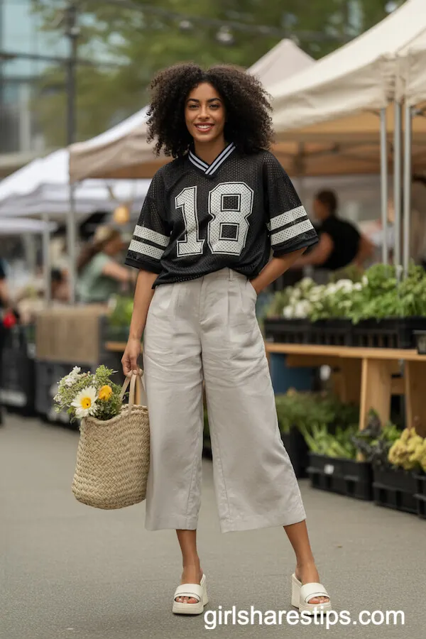 Bold Mesh Jersey with High-Waisted Linen Culottes and Platform Sandals