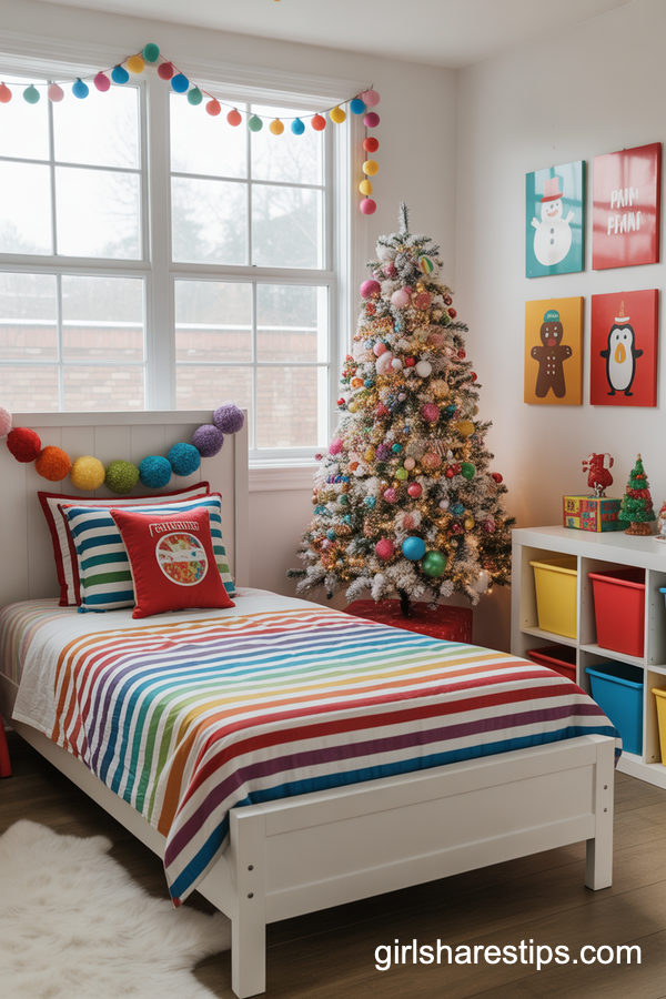 Colorful Kids Christmas Bedroom With Rainbow Holiday Accents