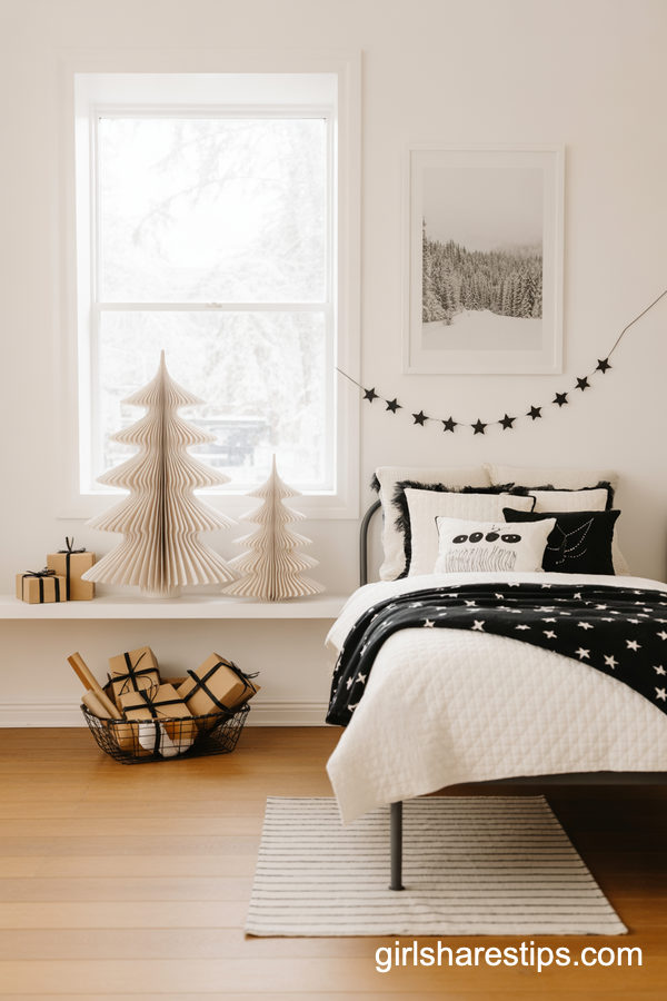 Modern Monochrome Kids Christmas Bedroom In Black And White