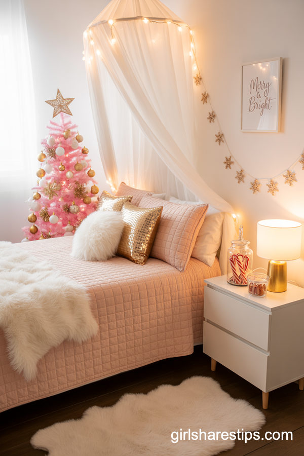 Pink And Gold Christmas Bedroom For Stylish Girls