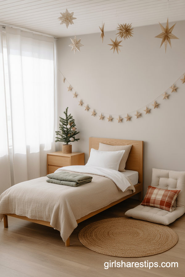 Minimal Scandinavian Kids Christmas Bedroom In Soft Neutrals