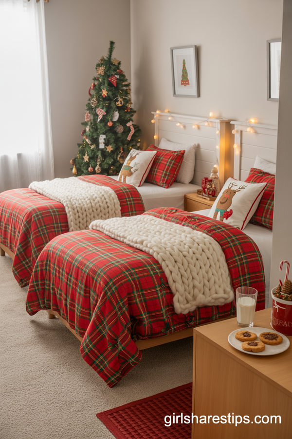 Cozy Sibling Christmas Bedroom With Matching Plaid Bedding