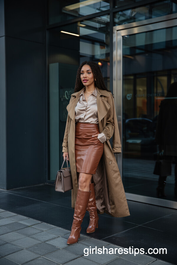 Brown Glossy Boots with Pencil Skirt and Silk Blouse