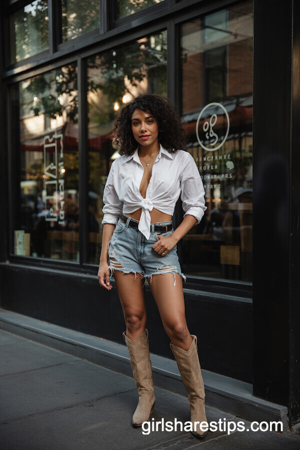 Beige Cowboy Boots with Denim Shorts and White Shirt
