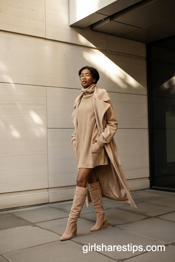 Beige Suede Boots with Knit Dress and Wrap Coat