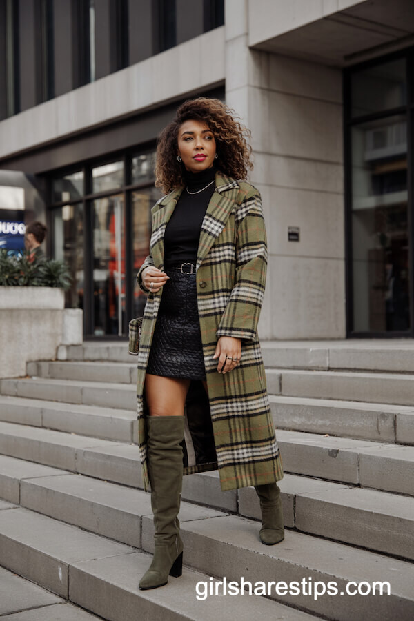 Olive Boots with Plaid Coat and Black Turtleneck Dress
